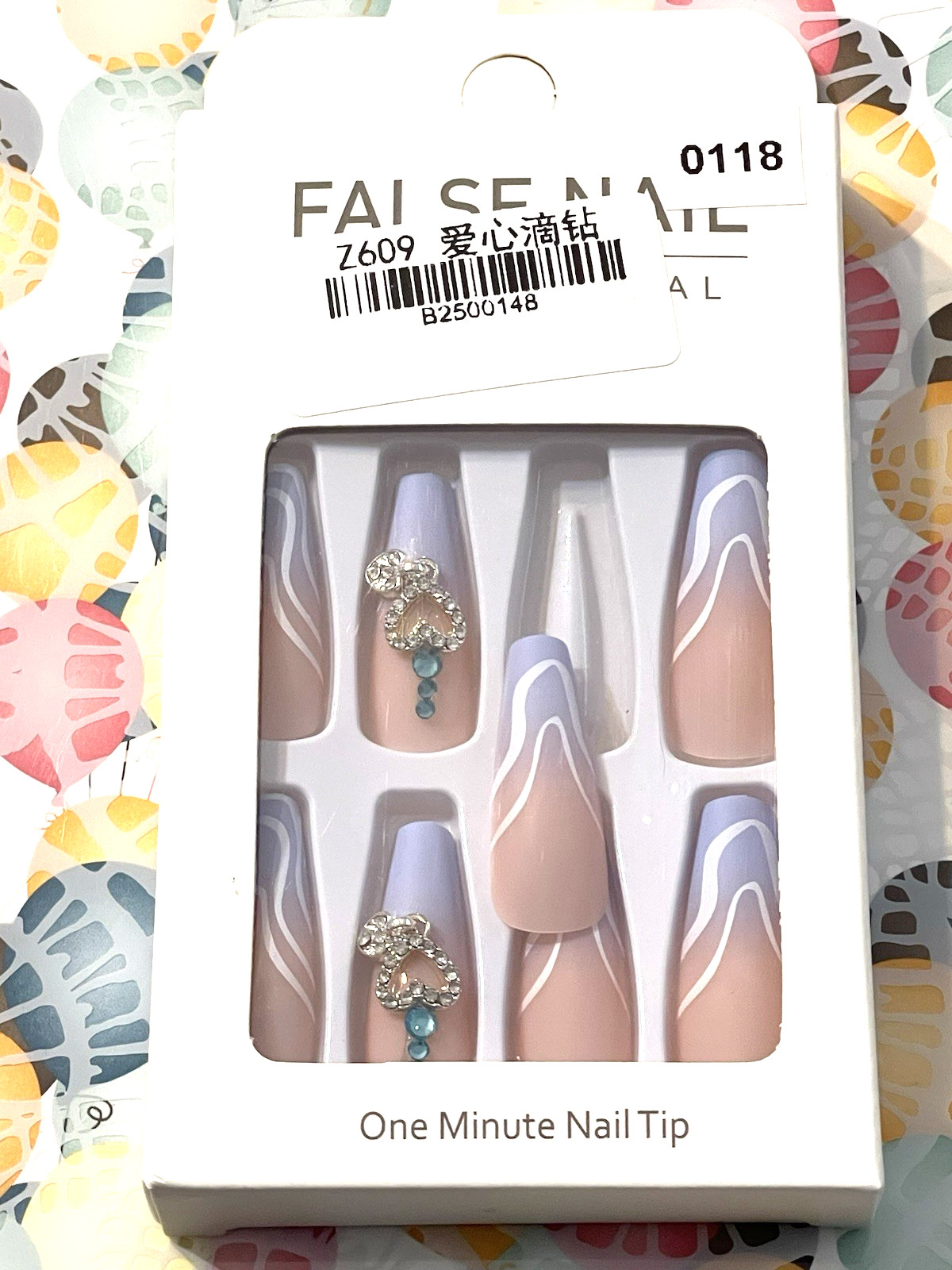 False Nail Professional NUDE LIGHT BLUE OMBRÉ with WHITE SWIRLS & HEART CHARM