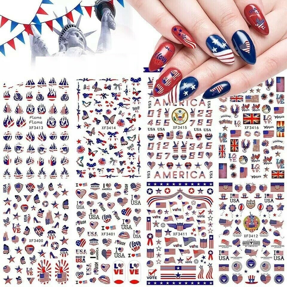 American Flag Star Heart LOVE USA July 4th Butterfly Number 3D Nail Sticker NS3