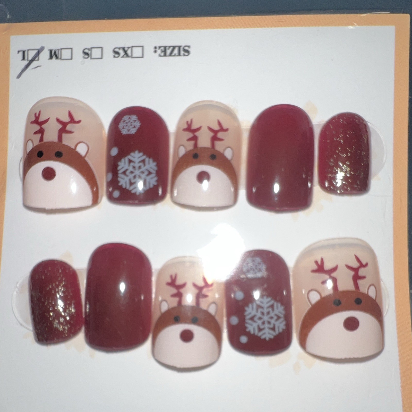Short Square Press-On Nails Full Cover Shiny Red/White/Brown Reindeer Snowflake