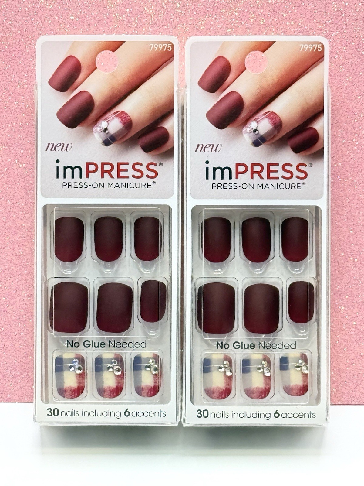 Kiss imPRESS No Glue Press-On Nails Short Dark Red Burgundy Plaid 79975 Lot Of 2