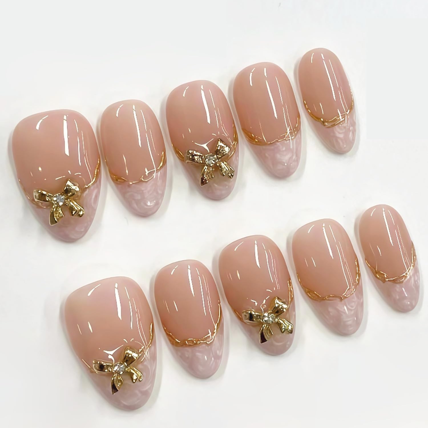 30Pcs White French Tip Press on Nails Medium Almond Fake Nails with 3D Gold B…