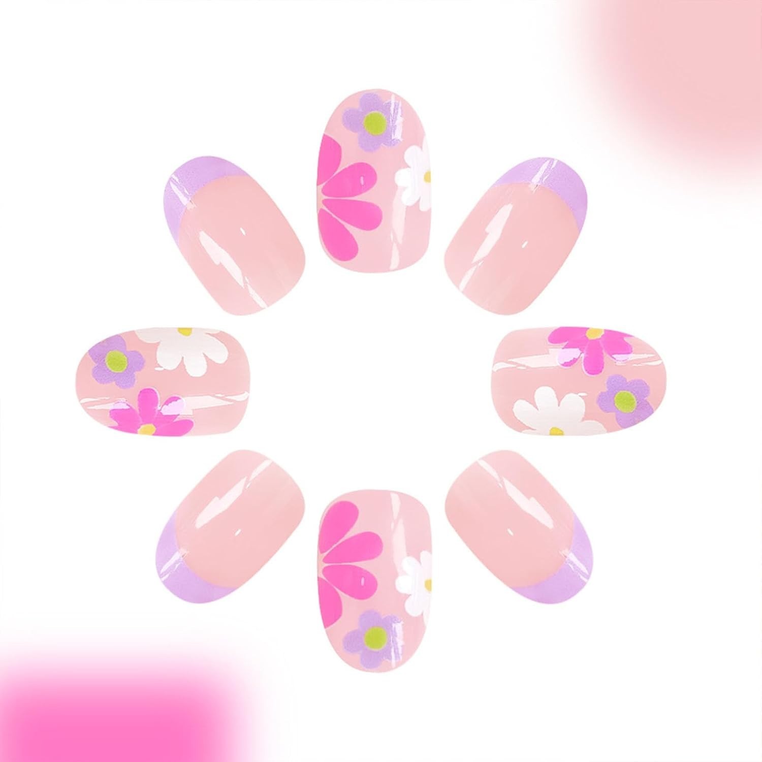 Custom Fit Floral Short Almond Press On Nails – 24 Pcs in Glossy Pink – Easy Use