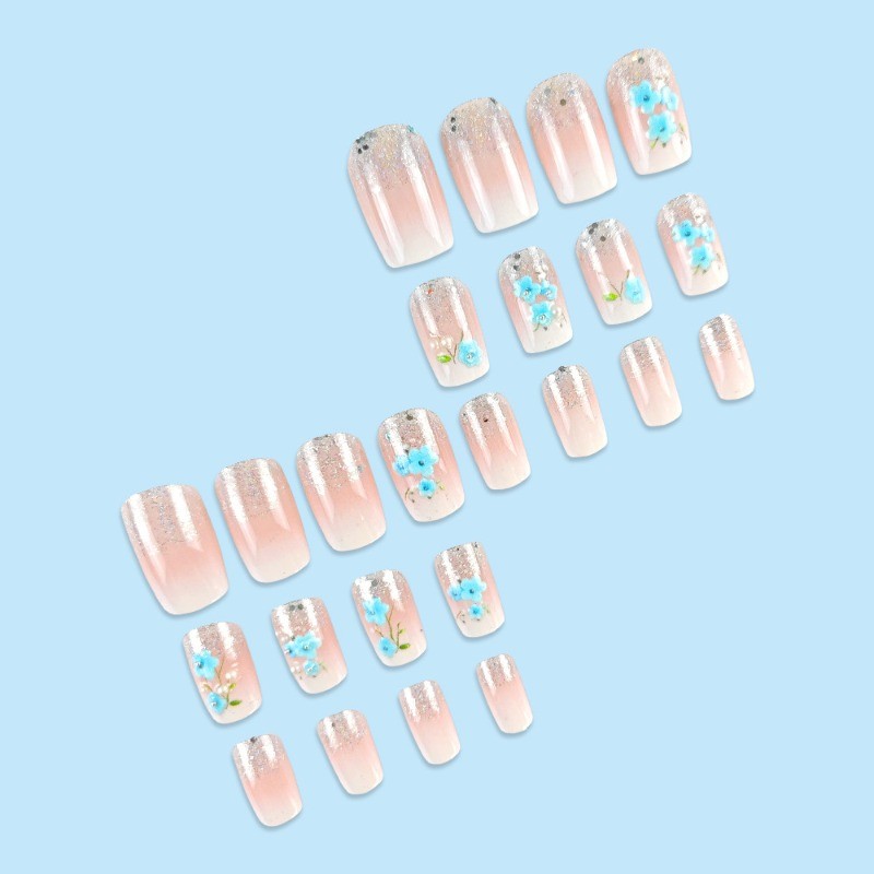 48pcs-White Nude Ombre Nails, Press on With 3D Blue Flowers and Pearl Accents