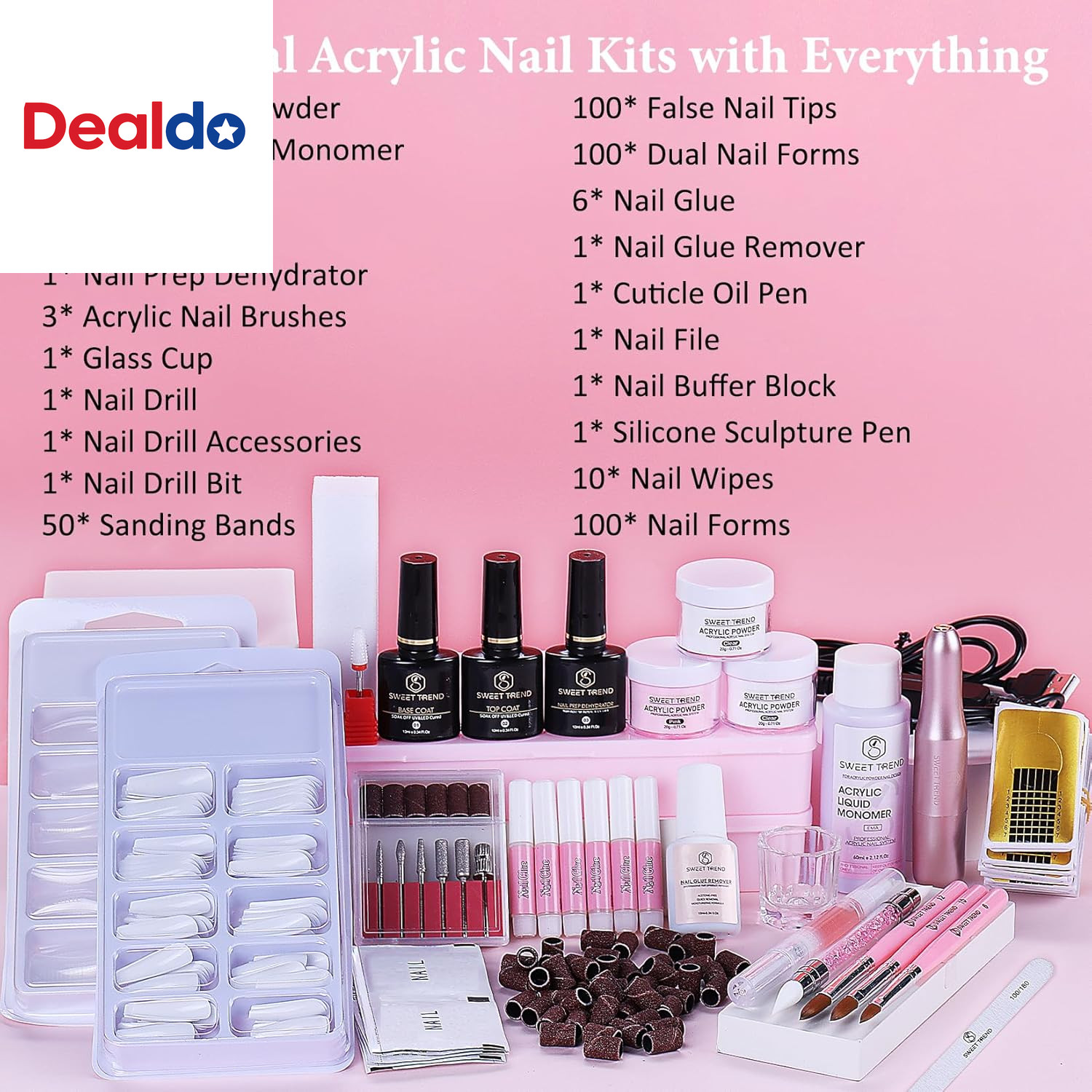 Acrylic Nail Kit with Drill: 20G Clear White Pink Acrylic Powder and Liquid Begi