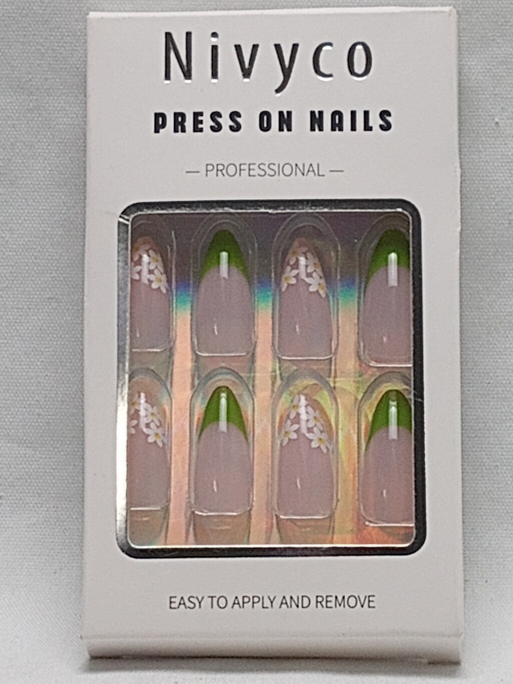 Nivyco Medium Almond Press on Nails Green, White and Yellow Daisy Flowers