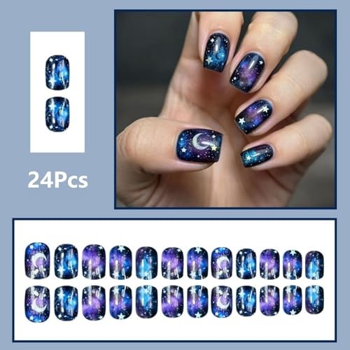 24Pcs Dark Starry Sky Press on Nails – Short Square Fake Nails with Moon a11