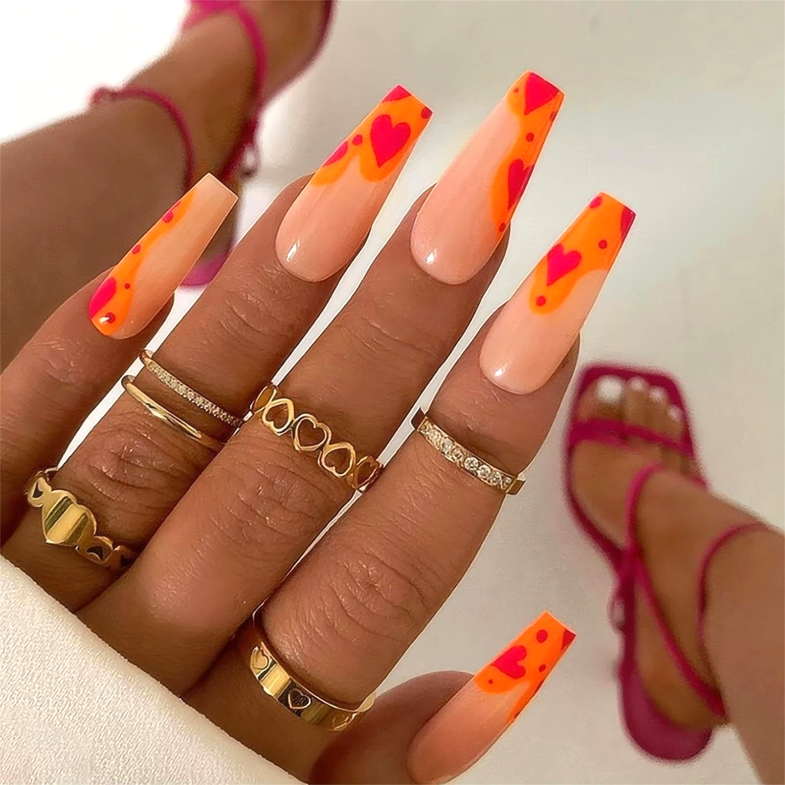 Orange Pink Heart Print Long Coffin Press On Nails