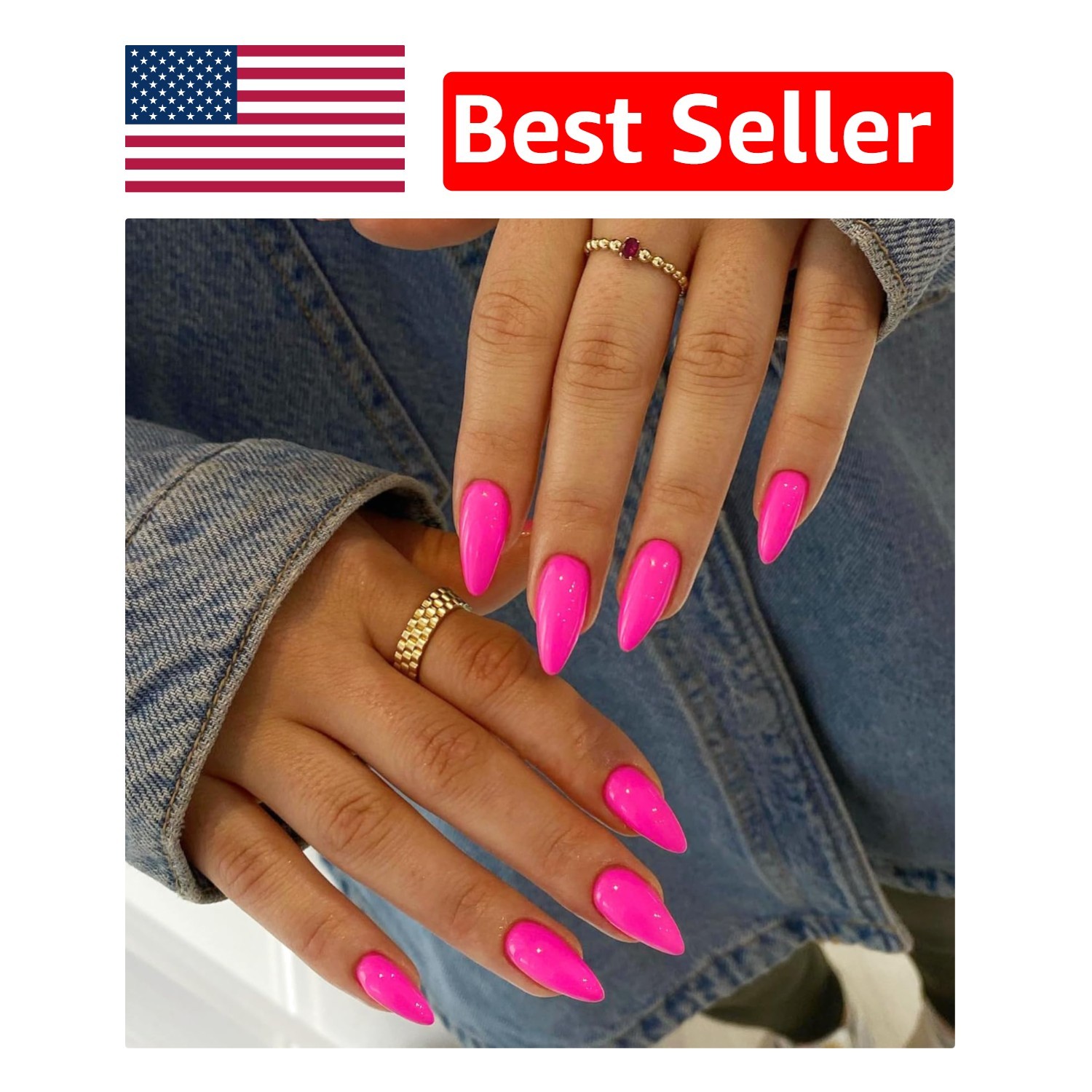 48pcs Hot Pink Almond Press On Nails – Reusable Medium Length Gel Beauties