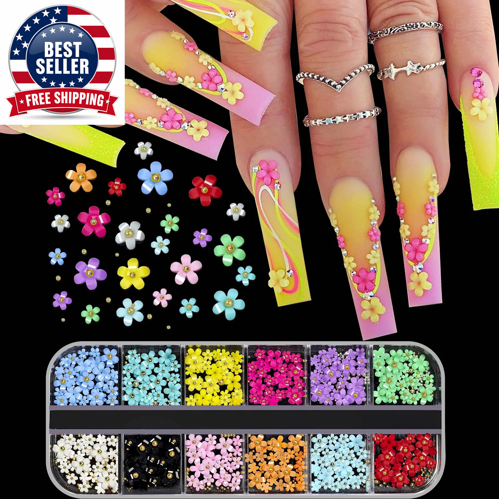 12 Grids/Box Nail Art Rhinestones 3D Color Resin Cute Flowers with Caviar Decora