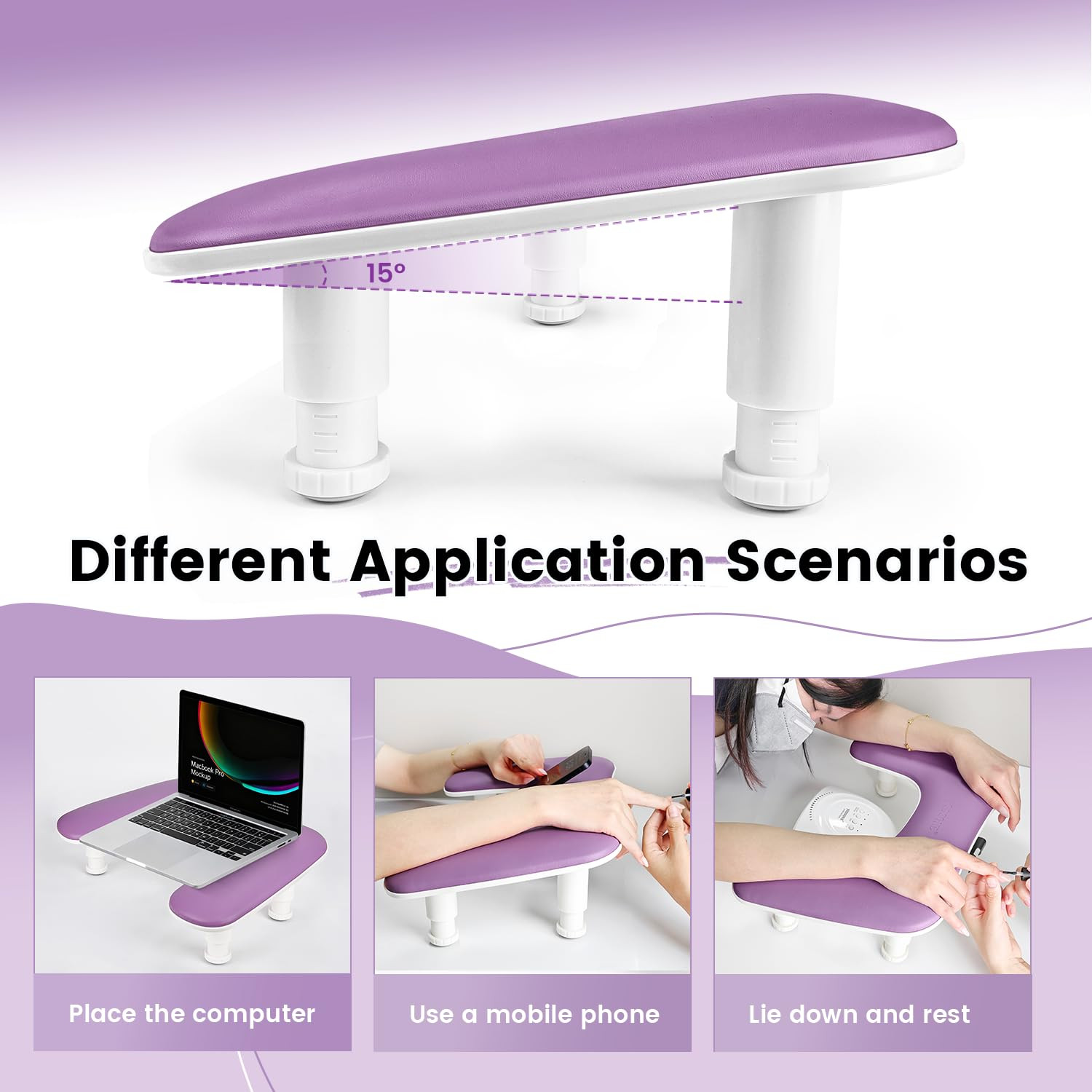 Purple U Shaped Manicure Arm Rest for Nails Tech with Rotating Phone Holder and