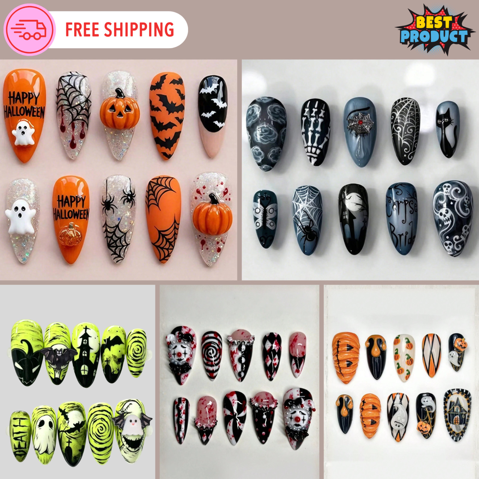 10pcs Halloween Press On Nails For Women & Girls 3D Nail Extenders Haloween Gift