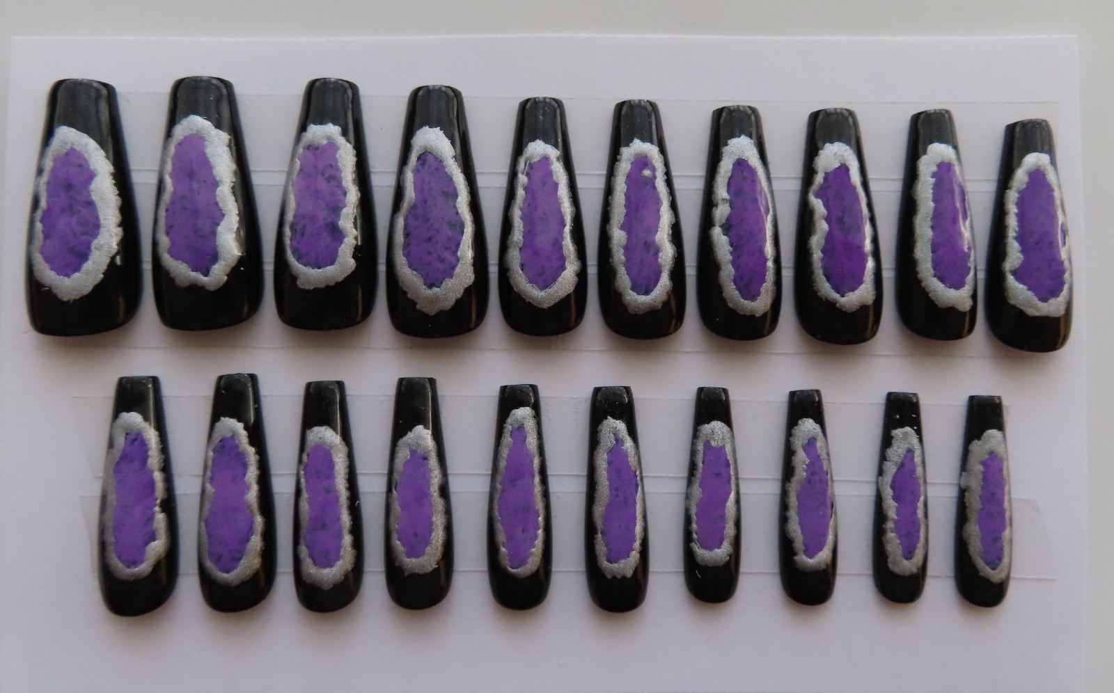 (2) Set Purple Black Silver Oval Chrome | Purple Green Ink Coffin Press-On Nail