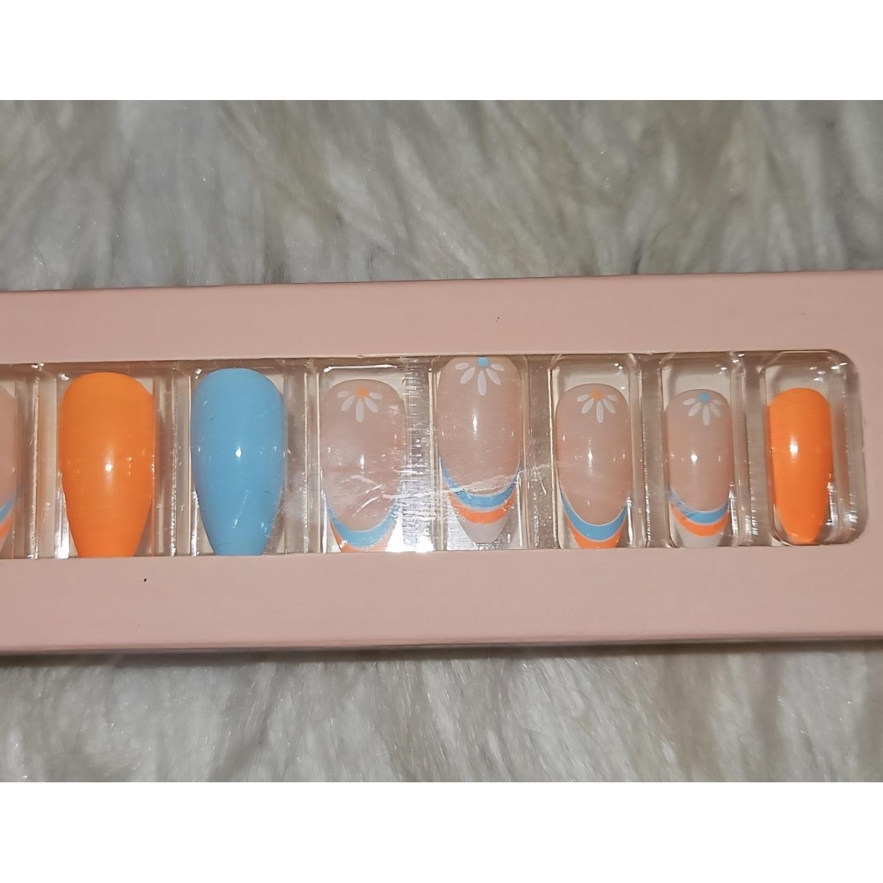 Tip Beauty Press-On Nails | Blue & Orange Floral Set | French Tip | 24 Nails