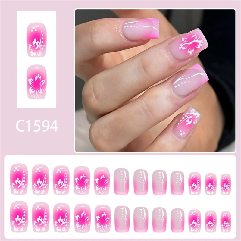 Versatile False Nail for Any Occasion Light Pink French Blush Flowers Pattern