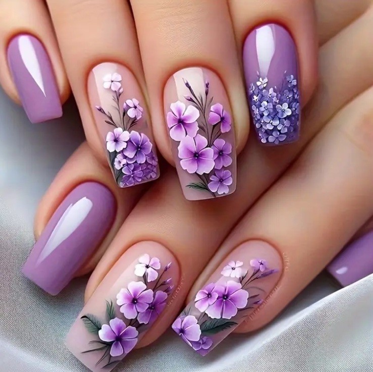 24 Pc Purple Pink Long Square Flower Press On Nails w/Glue & Nail