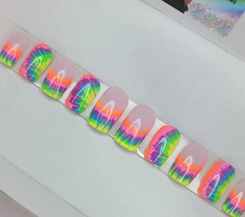 Rainbow neon tie-dye press on nails short square French tip pride nails