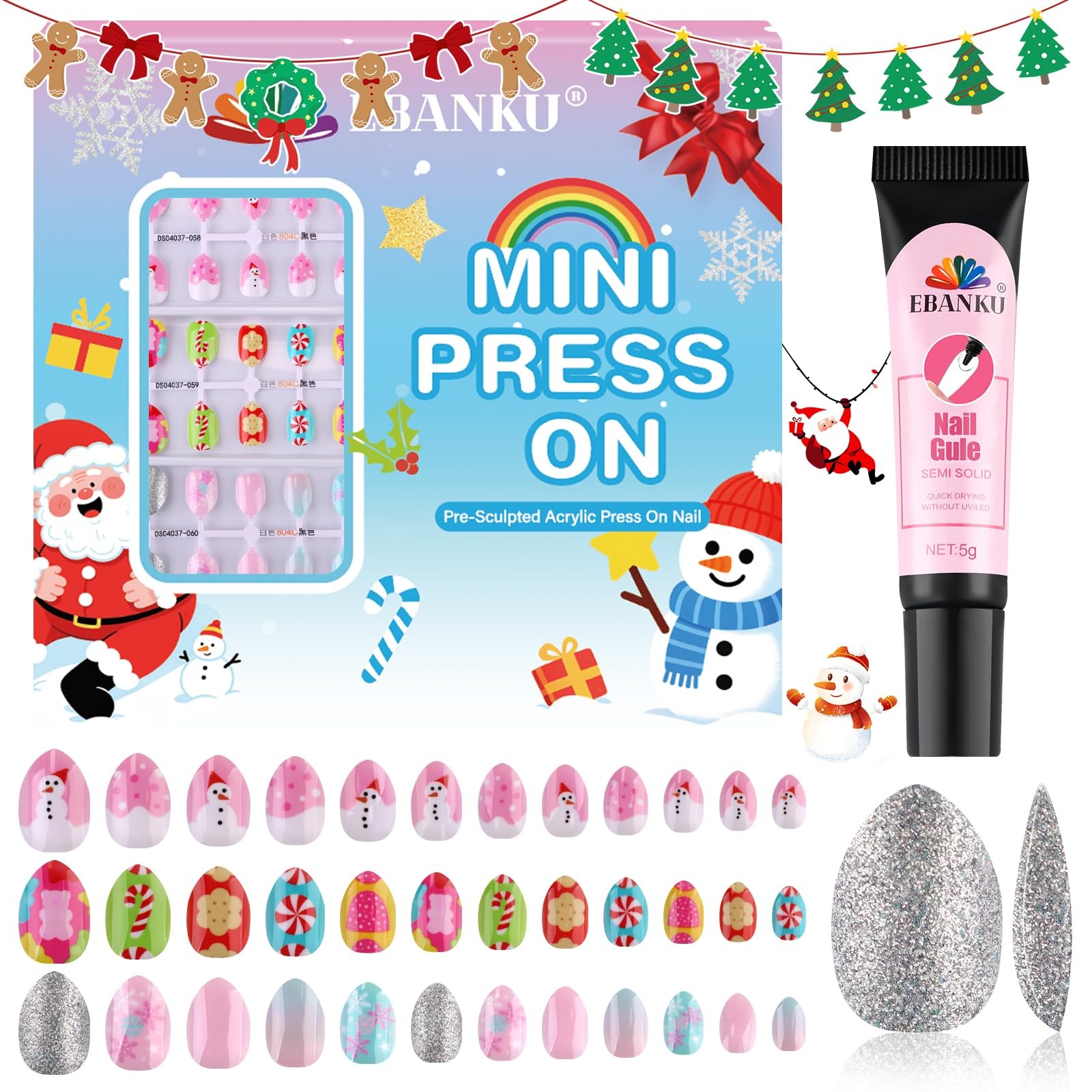 72 Pieces Christmas Press on Nails for Kids, EBANKU 3 Pack Kid Fake Nail | Ki…