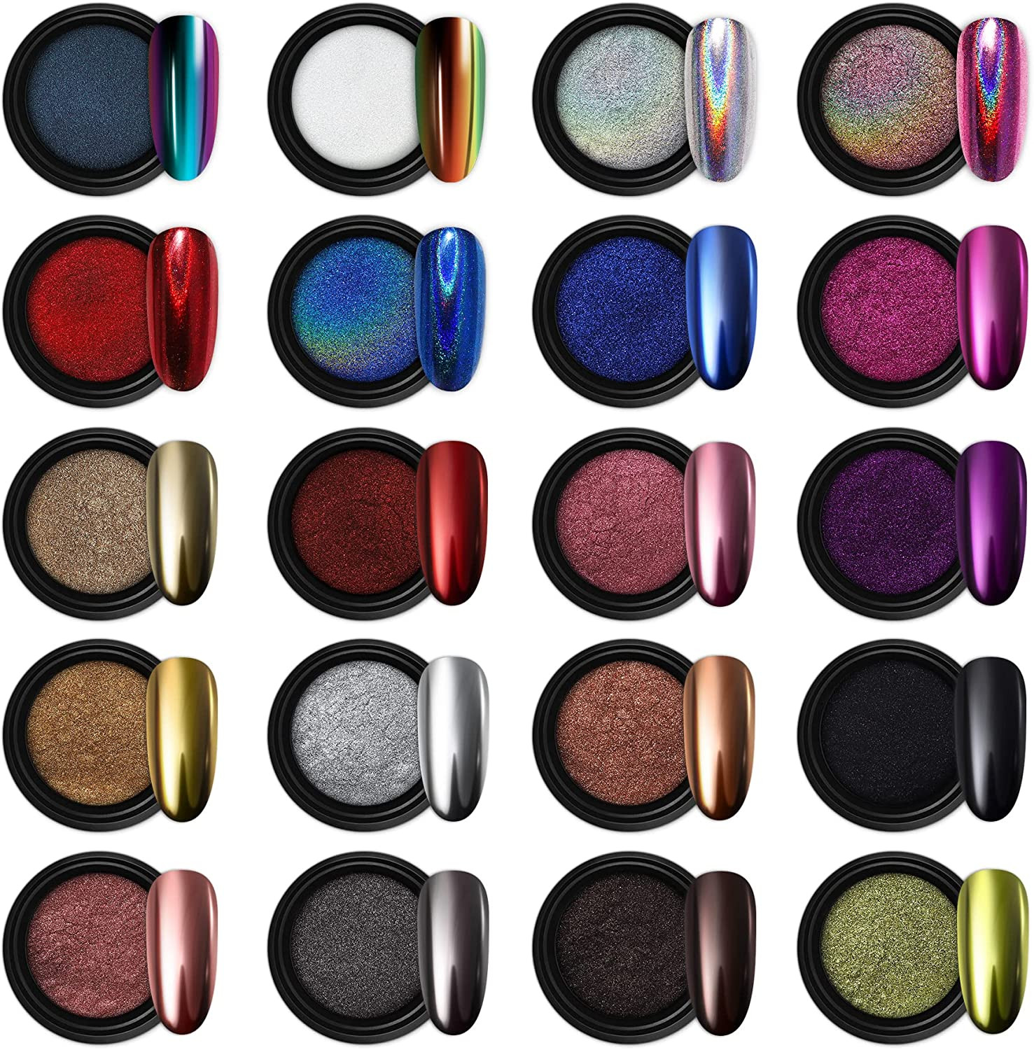 20 Jars Chrome Nail Powder Set Metallic Mirror Effect Holographic Aurora Chamele