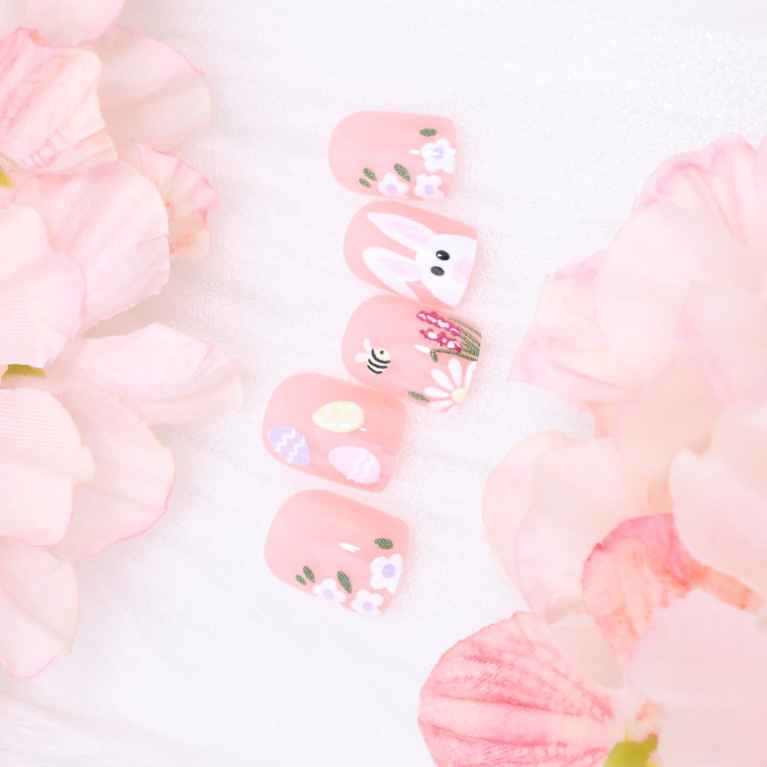 24Pcs Easter Press on Nails Short Square Fake Nails Spring Flower Bee Glue on…