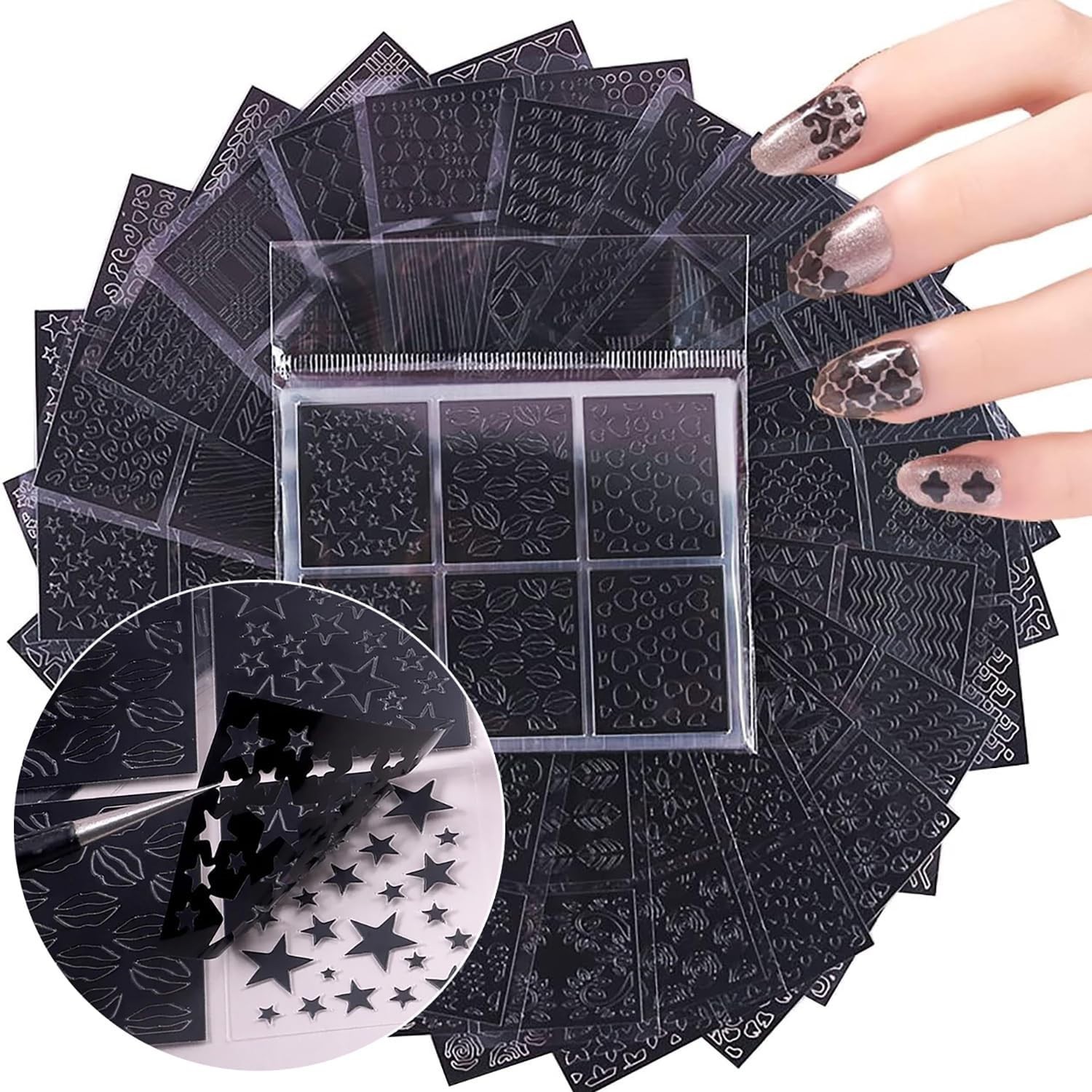 144-Design Airbrush Nail Stencil Set – DIY Nail Art Stickers & Decals for Hom…