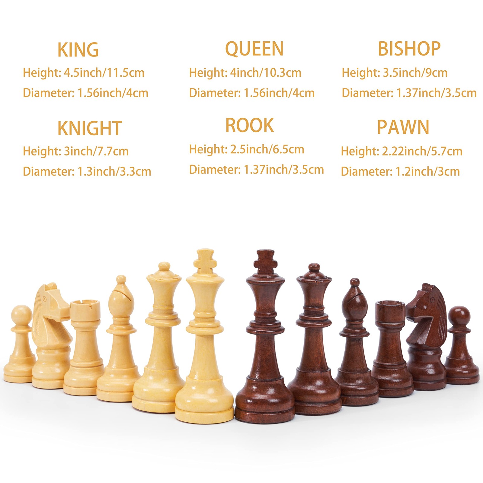 Vamslove Wooden Chess Pieces Large 4.5” King Set of 32 Luxury Large, Brown