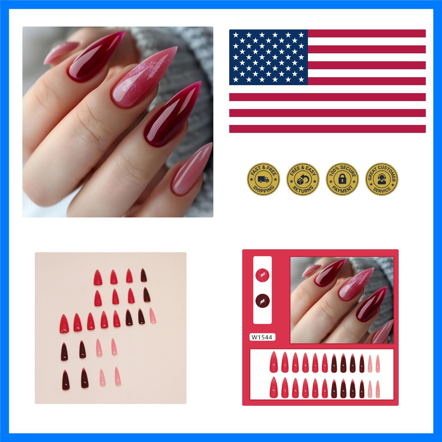 Press on Nails Long Length Almond Tip False Nails Red Gradient Glitter Powder…