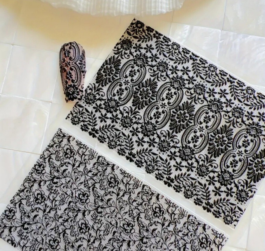 NWT 》3 SHEETS《 NAIL ART DESIGN BLACK & WHITE FAUX LACE SELF-SEAL STICKERS!