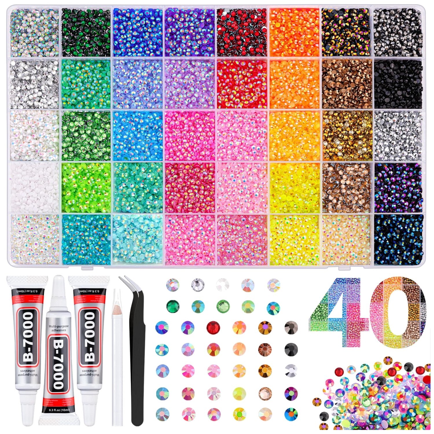 Bedazzling Rhinestones Set + 3Pcs B7000 Glue, 40 Colors
