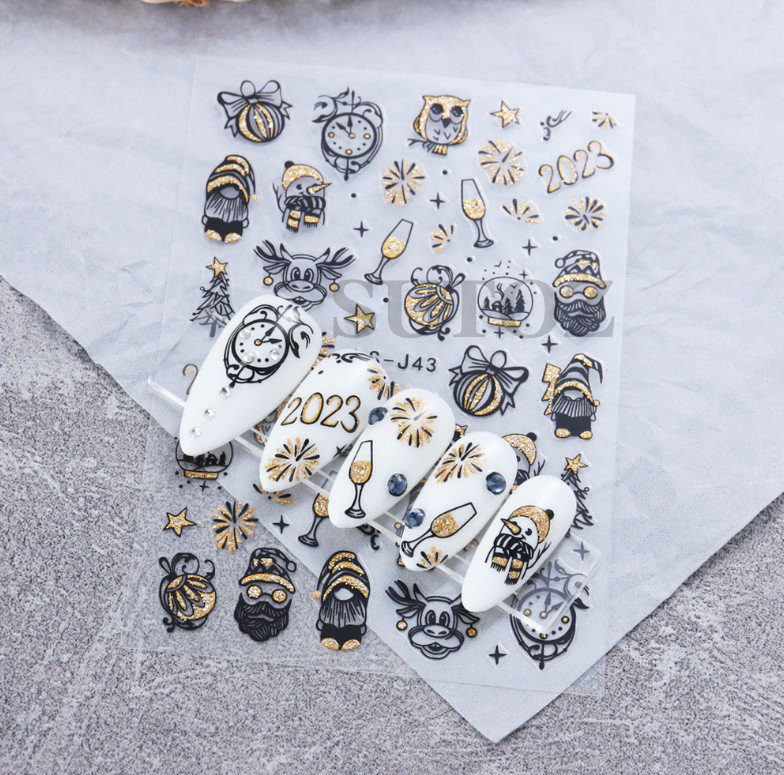 Glitter 3D Gold Black 2023 New Year Clock Time Cat French Nail Art Stickers NH21