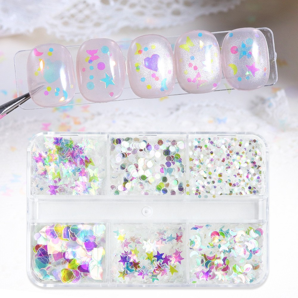 6 Grids Nail Art Glitter Sequins Star Moon Heart Butterfly DIY Nails Decoration