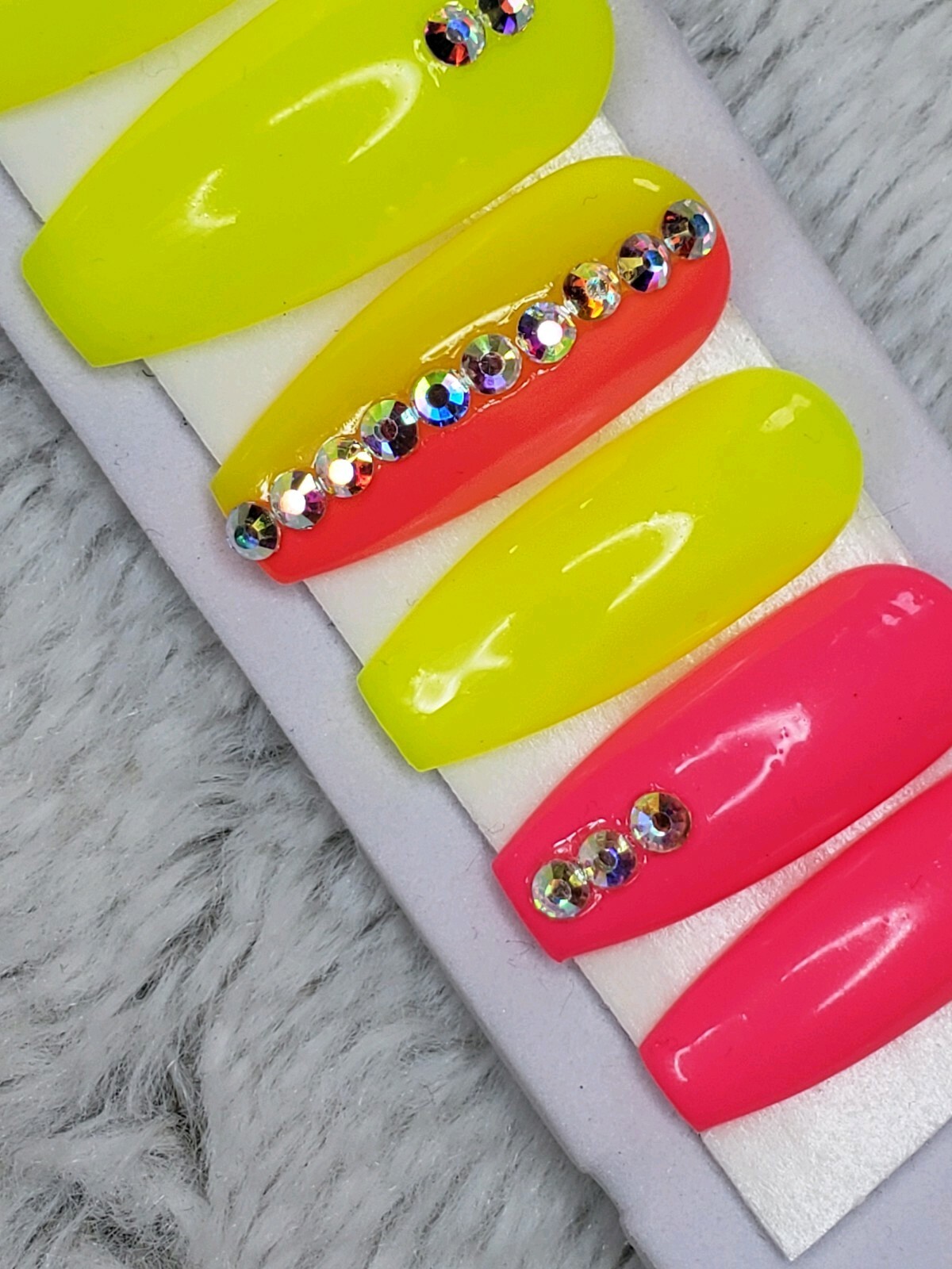 Bright Neon yellow & pink bling nails Press On crystal gel nails long coffin