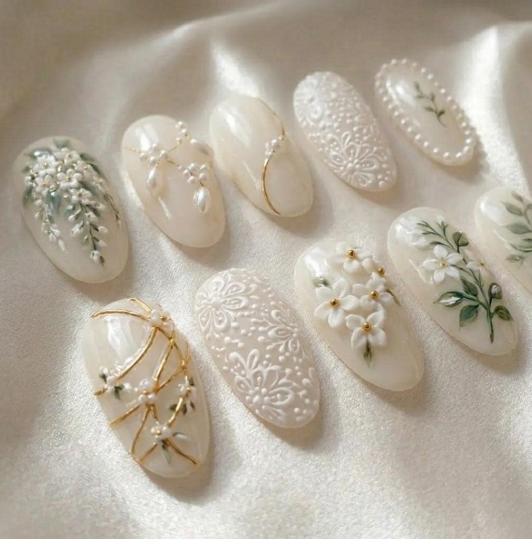 Handmade Custom White Floral Green Leaves Embossed Lace Almond Press on Nails