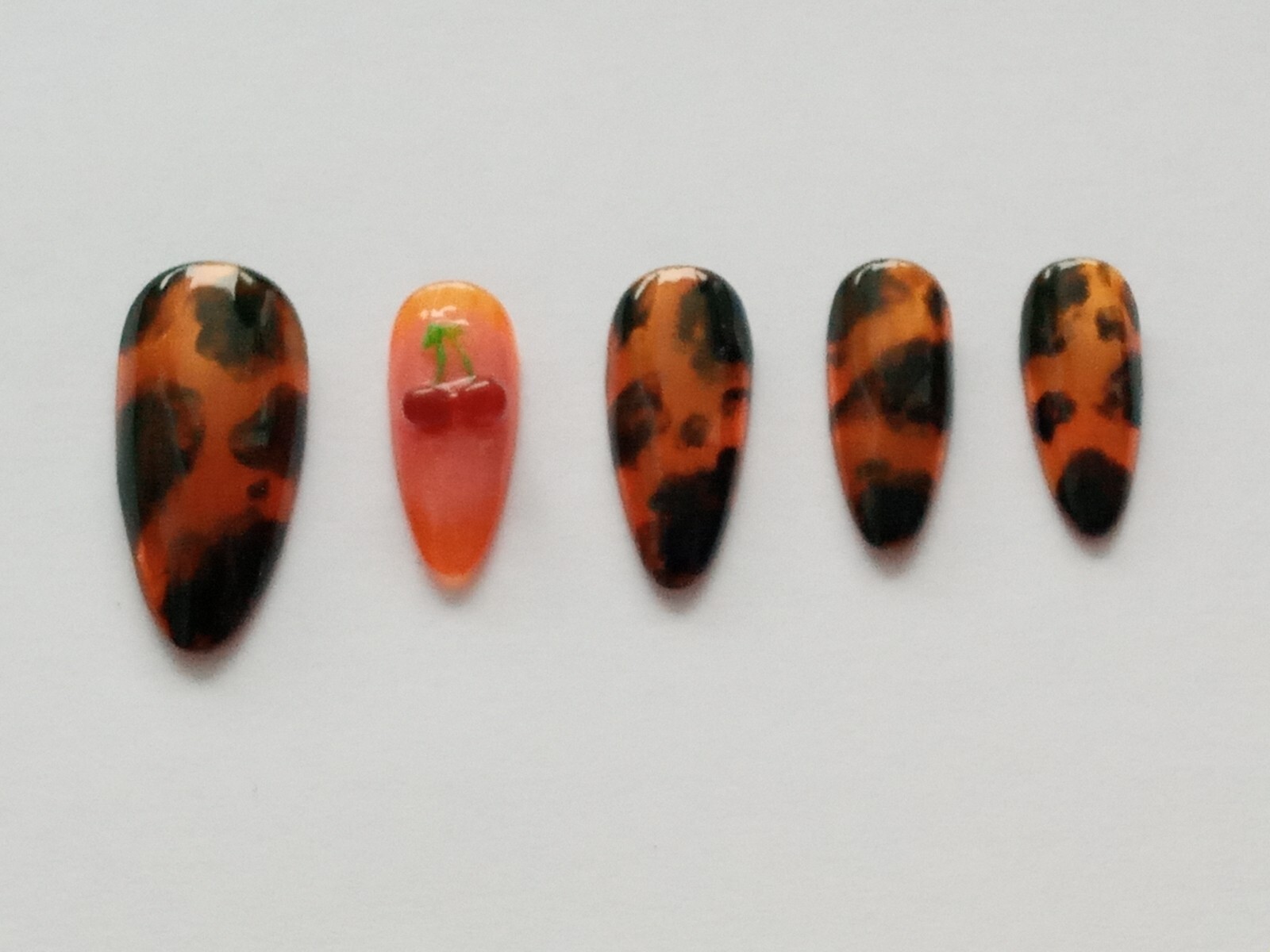 Handmade Press on Nails, Tortoise, Cherry, Set of 10 Nails “Pick “.