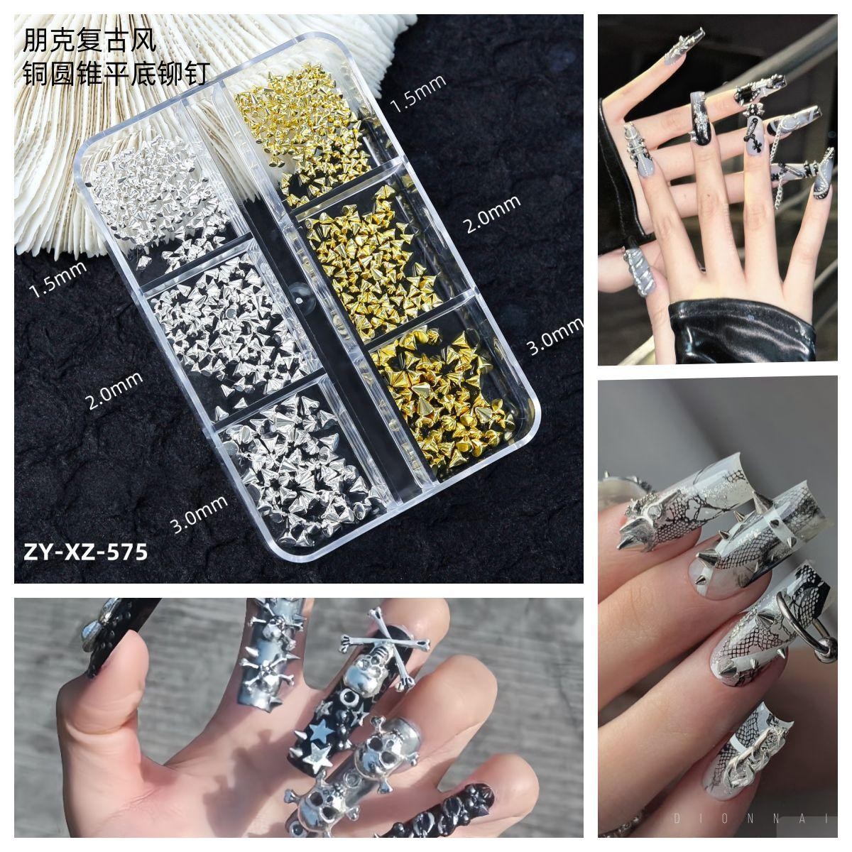 Cyberpunk Nail Charms Set, 3D Cone Studs Spikes Metallic Tones for Gothic Looks