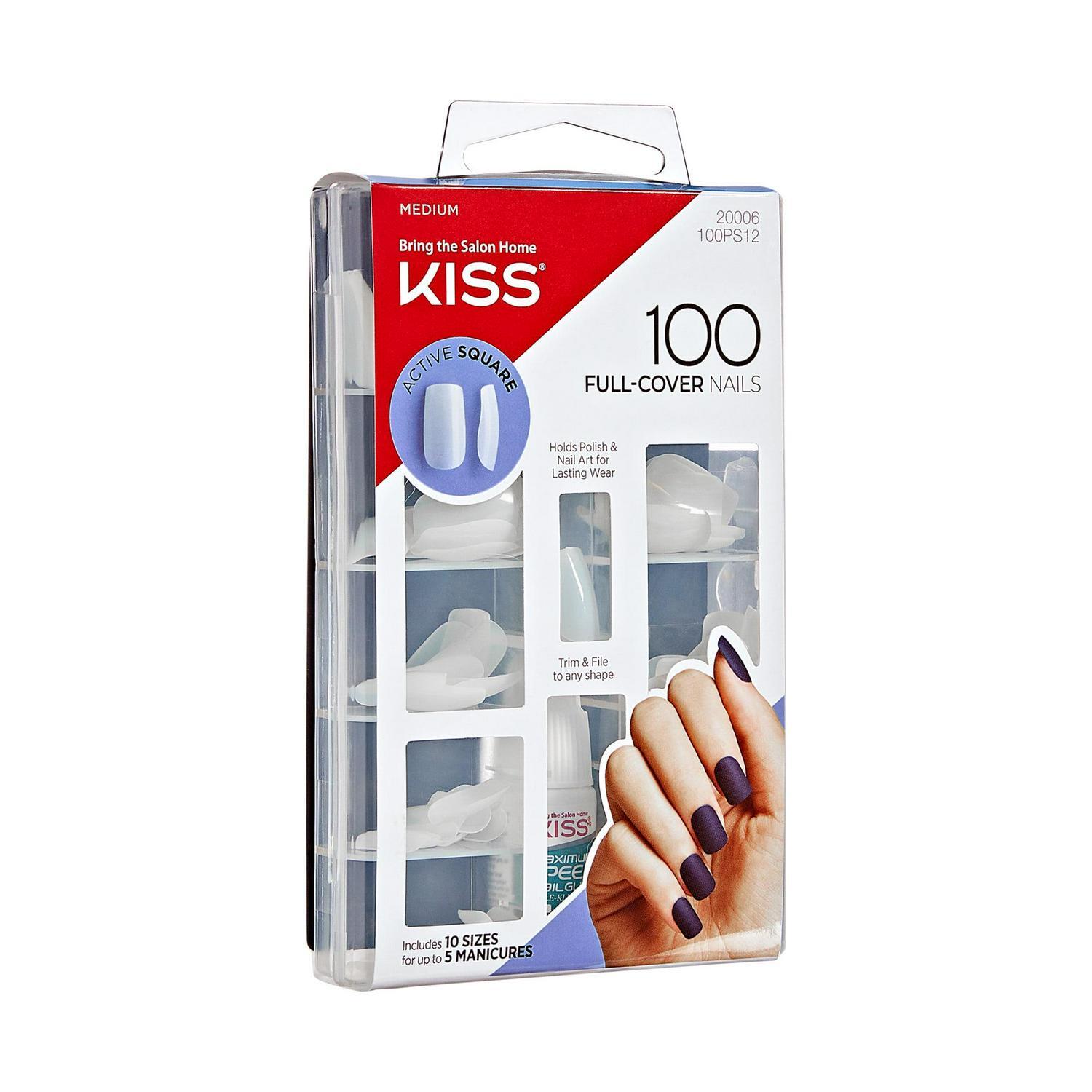 KISS Full-Cover Nails Press on Nails, Active Square, Clear, Medium Square-100 Ct