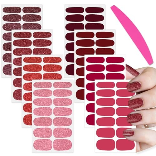 8 Sheets Nail Stickers Full Nail Wraps (), Self Adhesive Red Solid & Glitter