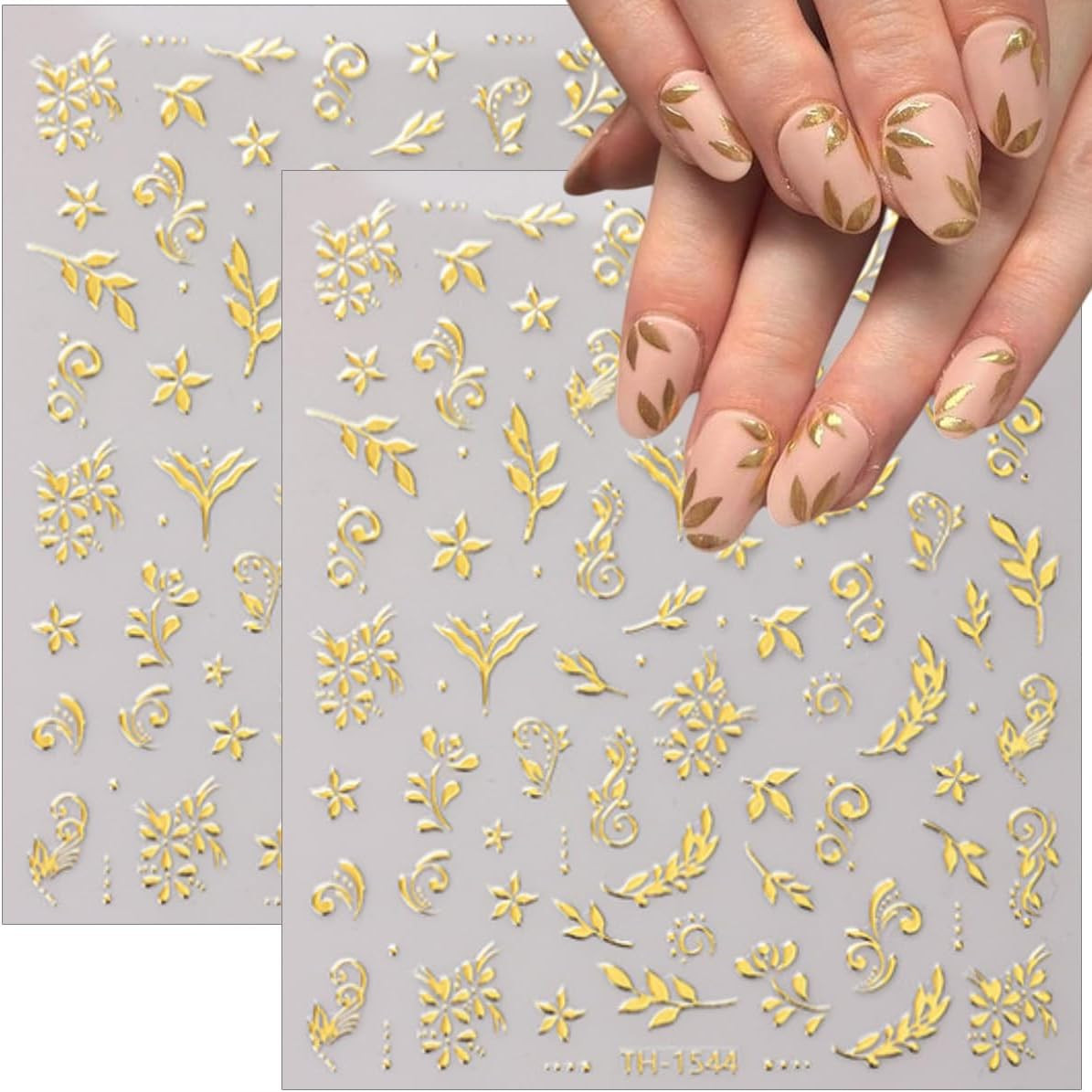 6 Sheets Gold 3D Nail Stickers Flower Leaf Nail Art Decals Self Adhesive Set 6