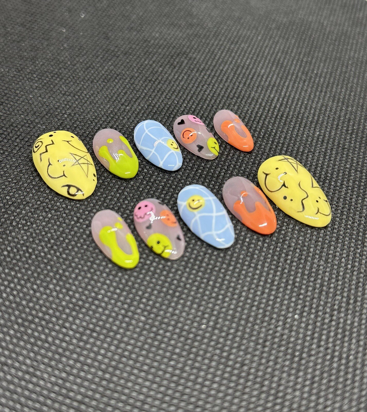 Psychedelic Smiles: Colorful Drippy Smiley Face Press-On Nail Set