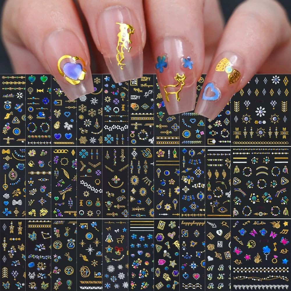 30 Sheets Flower Nail Stickers Colorful 3D Self Adhesive Cute Daisy Floral Nail