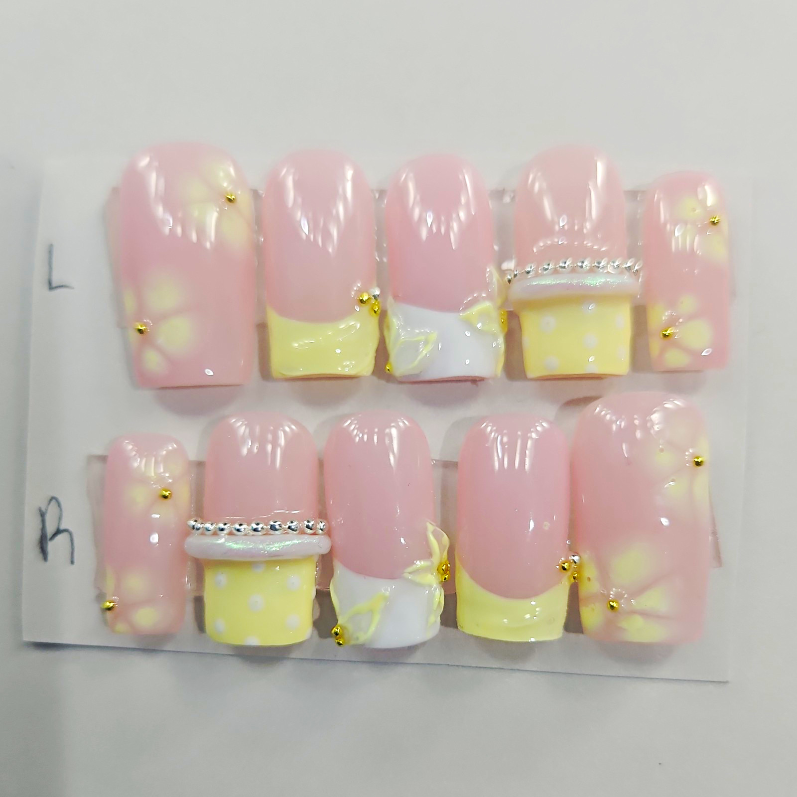 French Press-On Nails Pink Yellow White Floral Square Short Pre-Designed