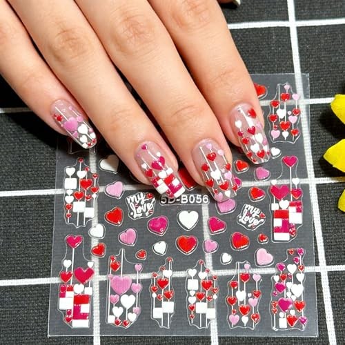 Valentine’s Day Nail Stickers for Women – 5D Heart Nail Decals, Red Pink E