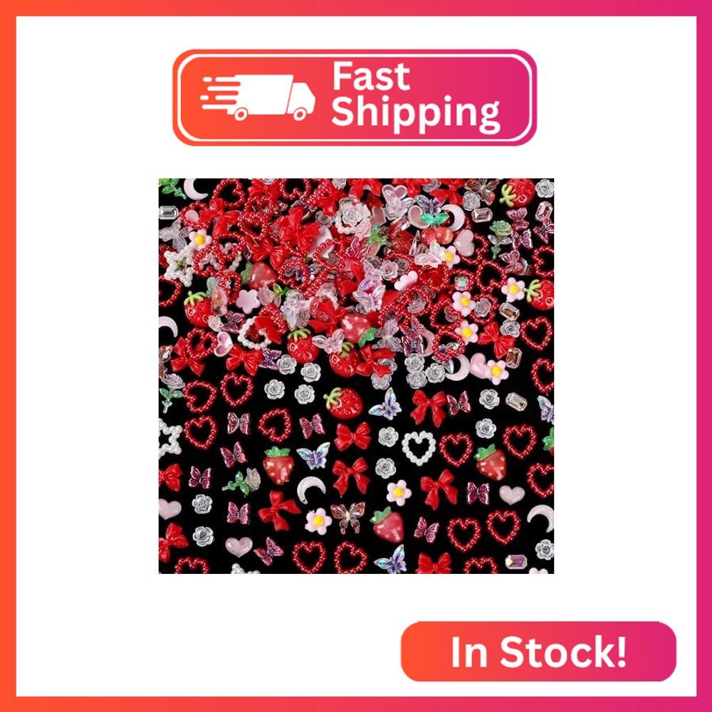 COOSLIM 120 Pieces 3D Resin Strawberries, Butterfly Flower Nail Charms, Rose Flo