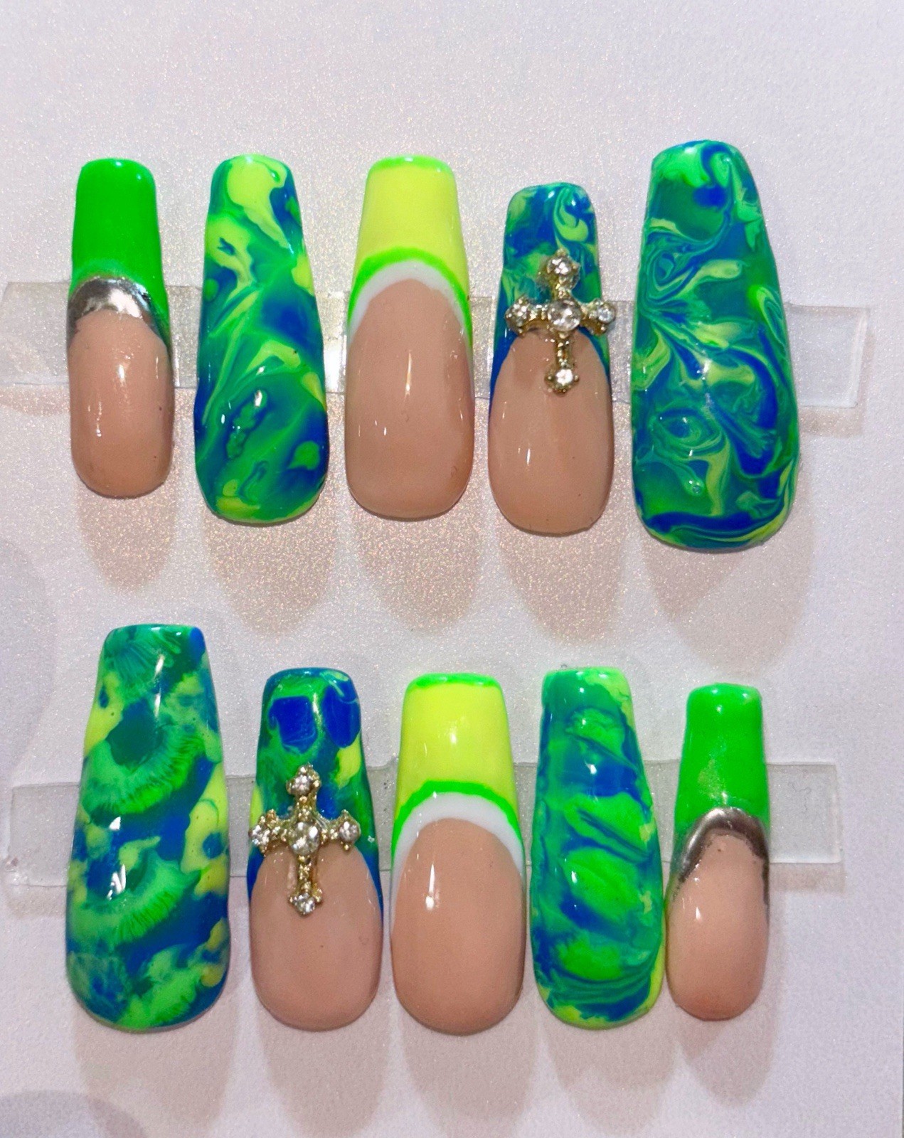 Handmade Press On Nails LONG Coffin Y2K Green Blue TIE DYE Silver Chrome CROSS