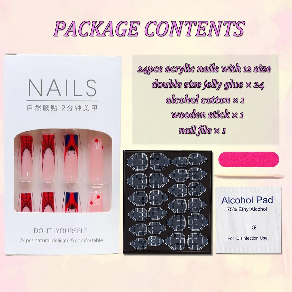 Halloween Press on Nails Long Black Spider Web 24 Fl Oz (Pack of 1), style1