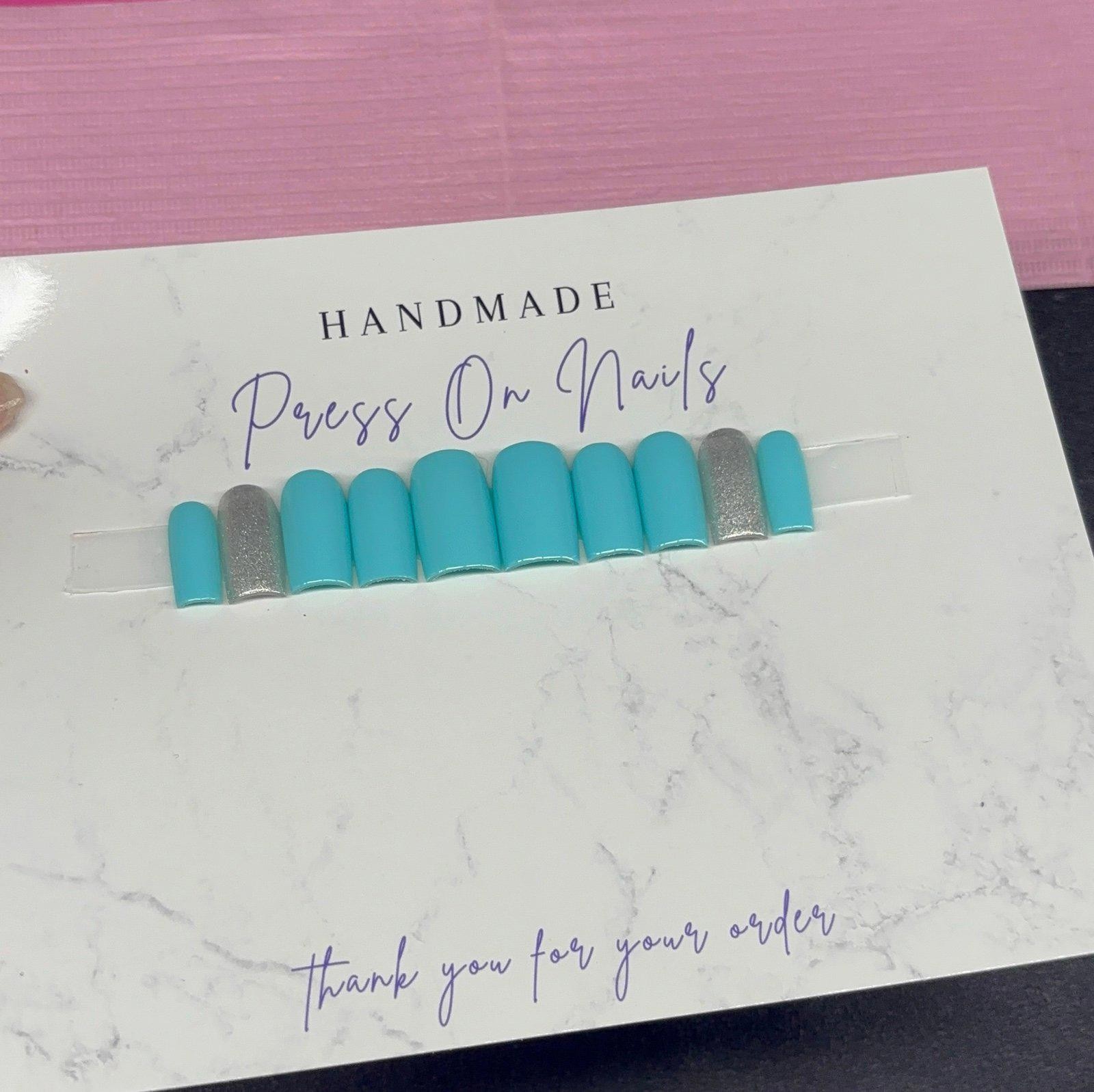 Short square Press on nails silver glitter teal light blue handmade custom gel