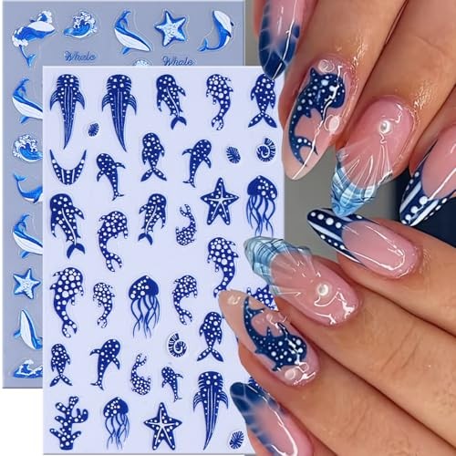 Summer Ocean Life Nail Art Sticker Decal 2Pcs 5D French Blue Polka Dot Fish