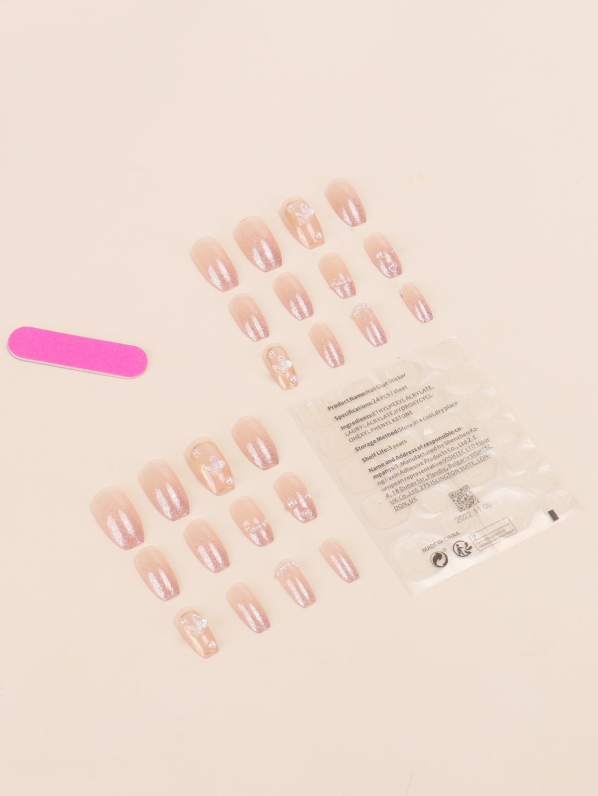 24pcs Short Coffin Glitter Pearl Butterfly Decor Fake Nail Press On Nails False