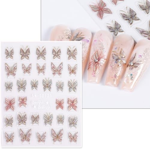 2 Sheets Glitter Butterfly Nail Stickers, Aurora Pink nail stickers 03