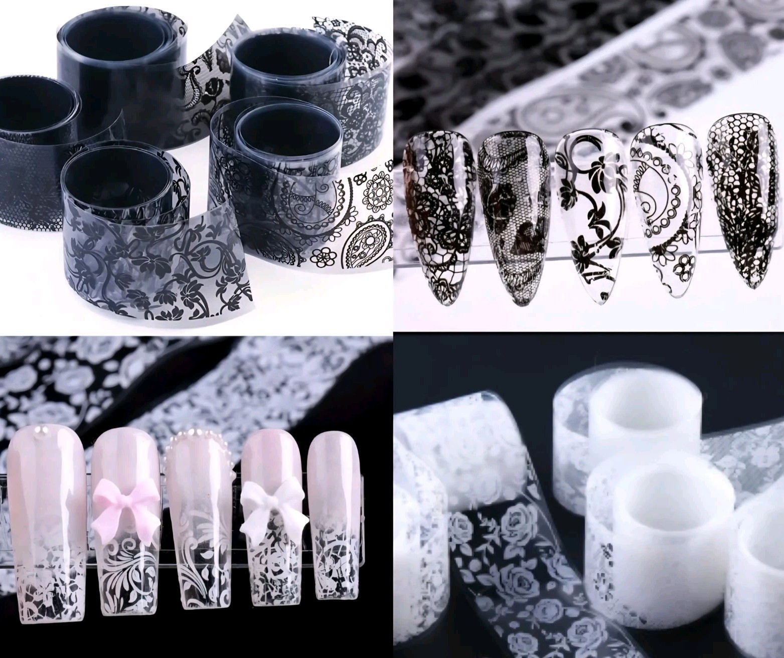 10 Rolls Nail Art Transfer Foil Black White Lace Paisley Roses Set Stickers Lot