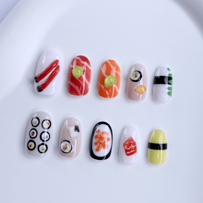48pcs Oval Press on Nails, 3D Sushi Food Print Fun Cartoon Fashion Nail Art